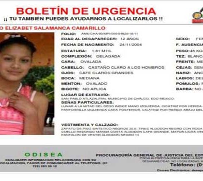 Reportan desaparición de una niña de 12 años en el Edomex: PGR