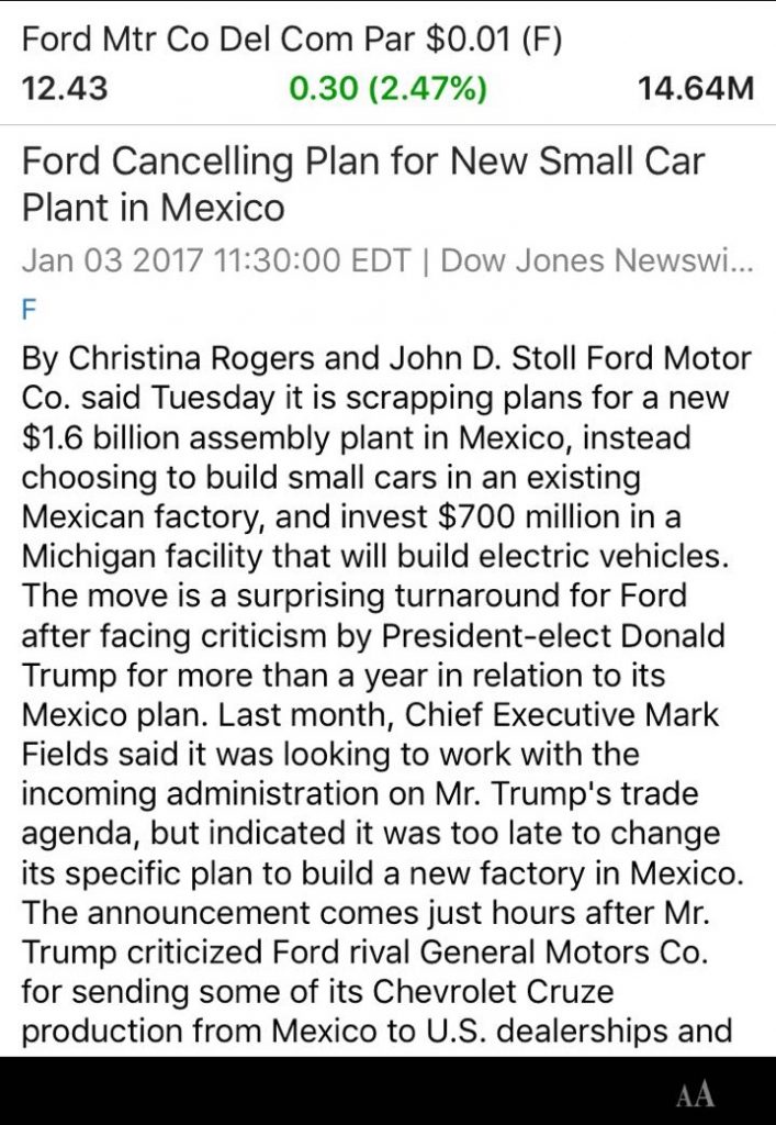 El reconocimiento de Down Jones sobre la cancelación de inversión de Ford para México