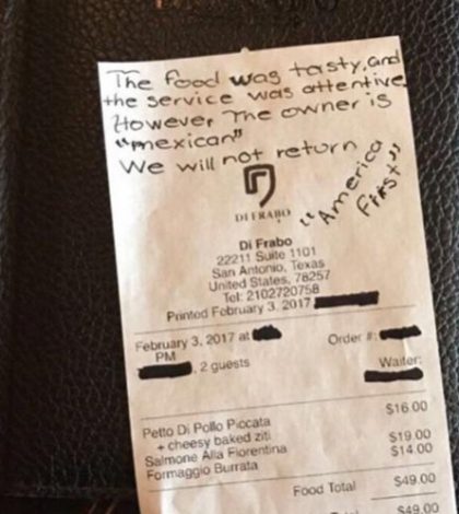 Dejan nota en restaurante de Texas: ‘No volveremos, el dueño es mexicano’